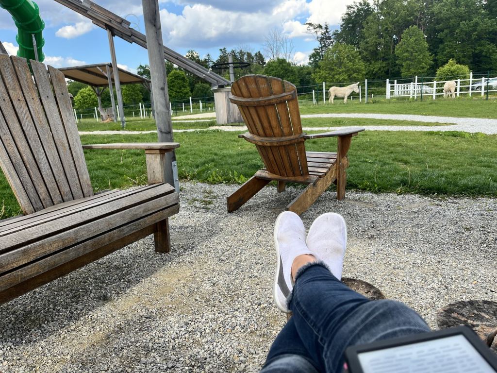 Blick vom Liegestuhl mit Buch in der Sonne, im Hintergrund Pferde auf der Weide des Finest Family Resort