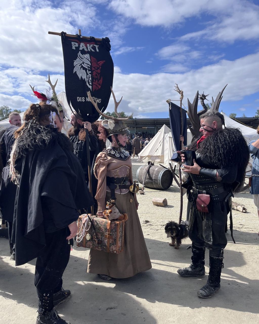 Besucherinnen und Besucher in aufwendigen Gewandungen mit Geweihen, Fellen und Banner zwischen Zelten