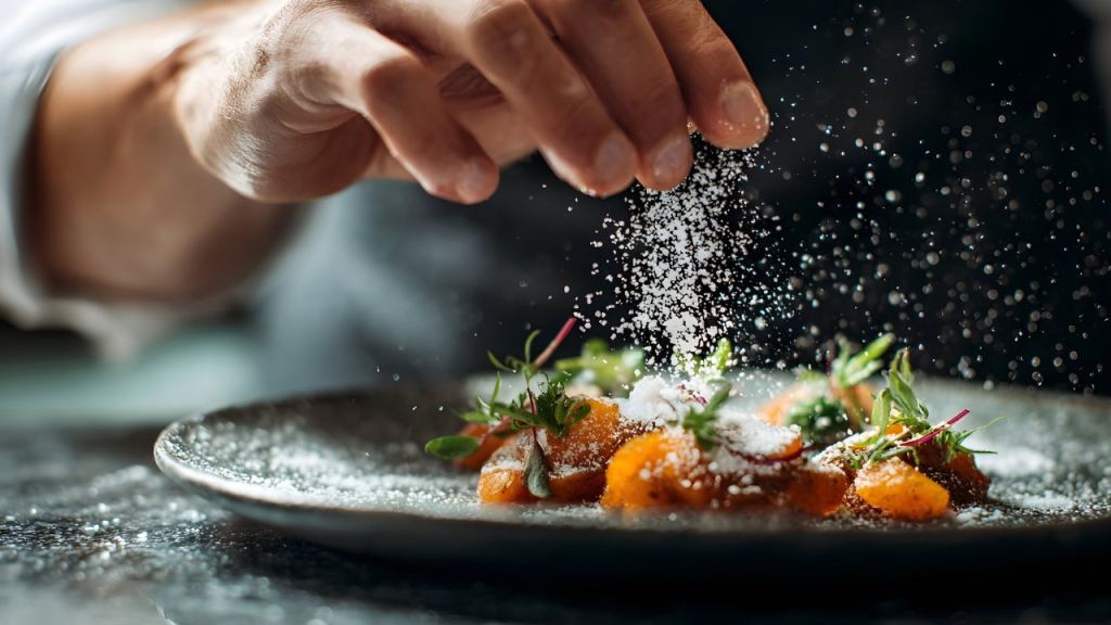 Die Hand eines Kochs streut Salz über ein angerichtetes Gericht mit orangefarbenem Gemüse und Kräutern auf einem dunklen Teller