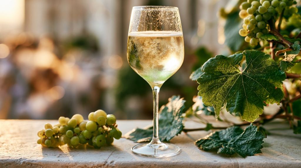 Glas Verjus Fizz mit Weintrauben auf einer Steinbank