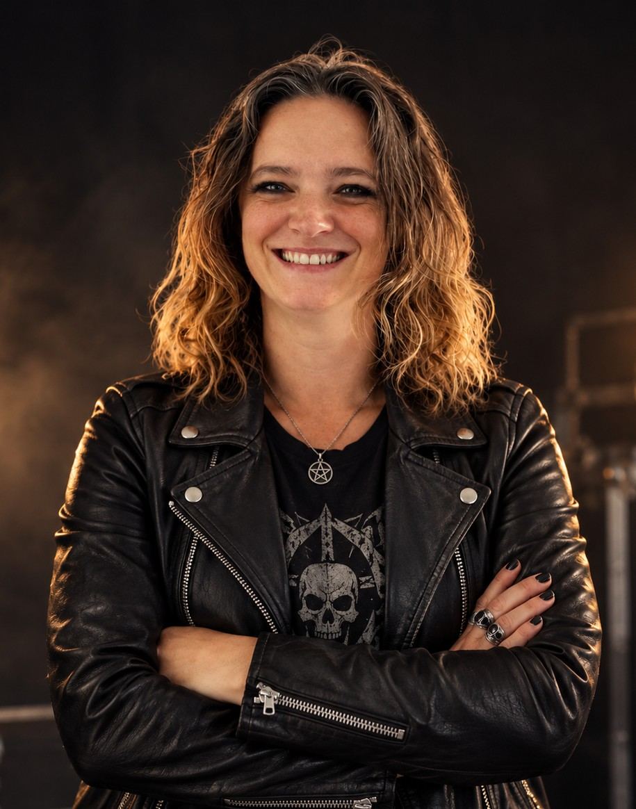 Nadine Nissen in a leather jacket and band shirt in front of a stage