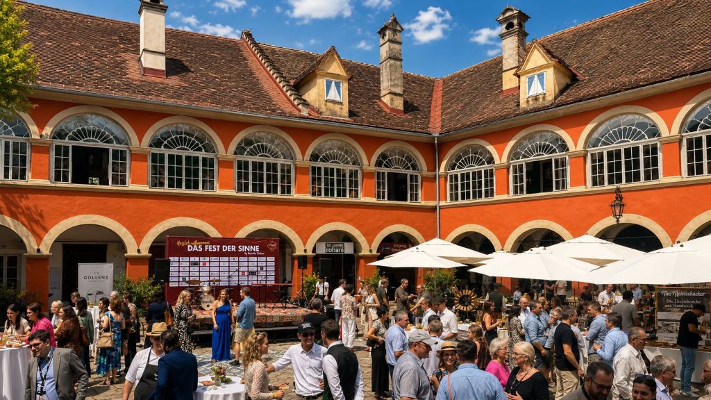 Gäste beim Fest der Sinne im Schlosshof von Schloss Kornberg vor der orangeroten Fassade