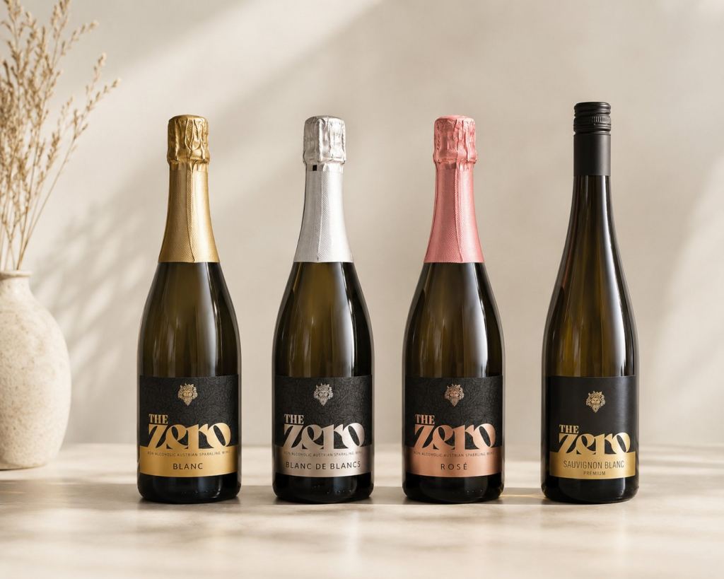 Vier Flaschen The Zero: Blanc, Blanc de Blancs, Rosé und Sauvignon Blanc nebeneinander